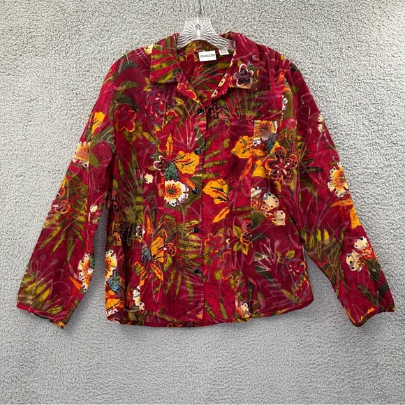 Chico's Tops - Chico's Long Sleeve Floral Button Up Linen Blend Tropical Artsty Red Women's 2 L